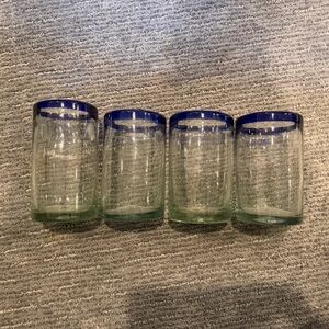 Set of Four Blue Rimmed Hand Blown Heavy Glass Tumblers